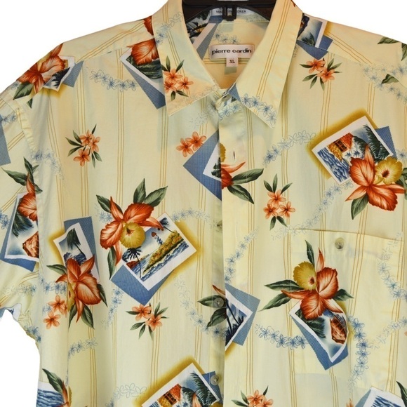 Pierre Cardin Hawaiian Postcard Cotton Short Sleeve Button Down Shirt - Size XL - Picture 2 of 6